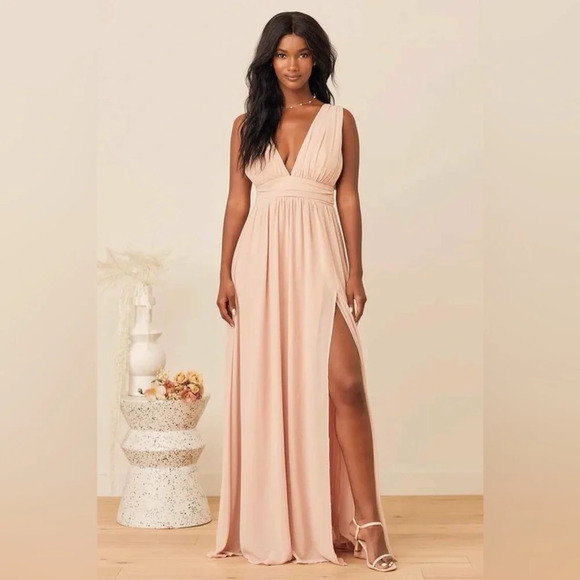 Lulus Chiffon Full Length Maxi Dress Champagne Size S - Picture 1 of 8